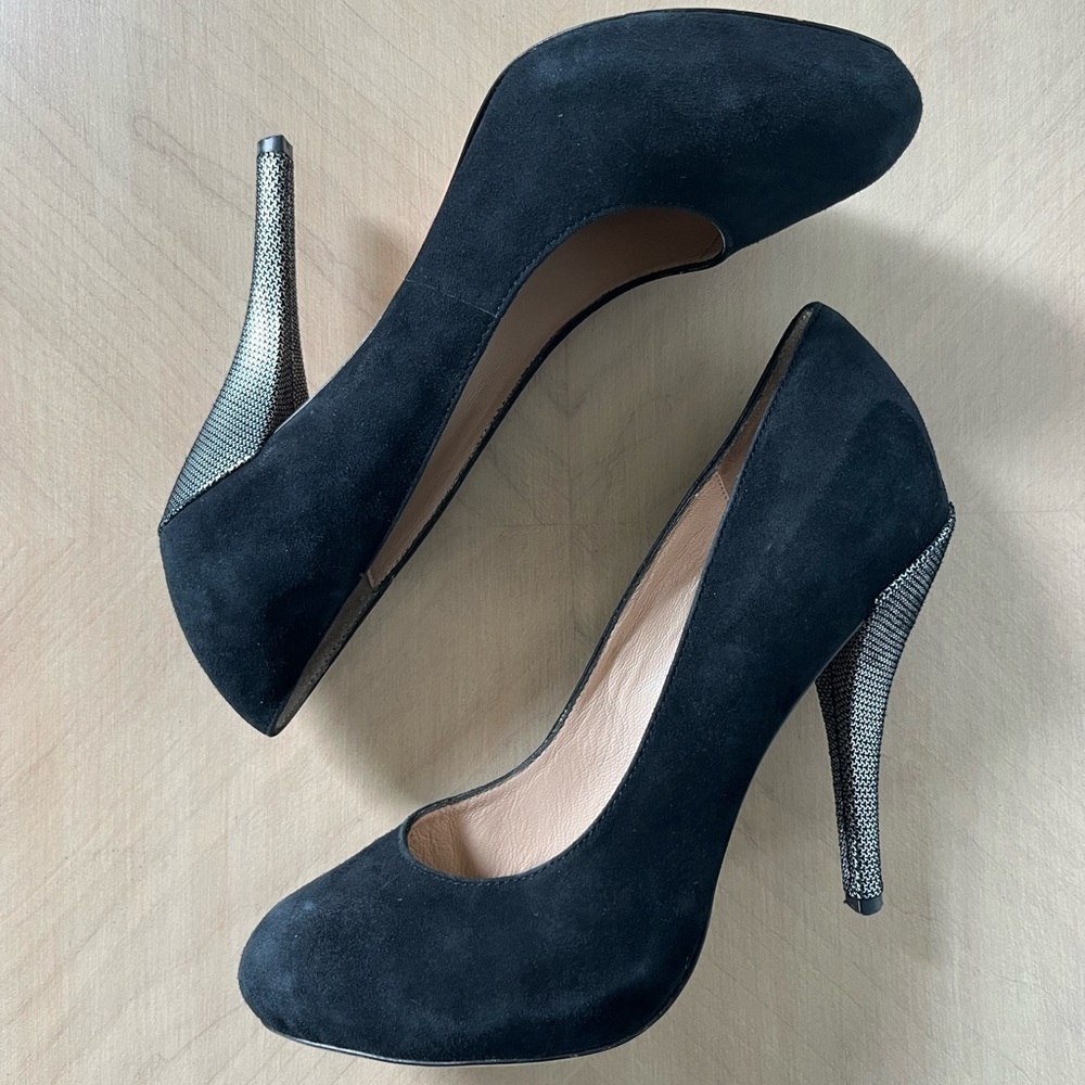 Jean-Michel Cazabat black suede 4 inch heels with silver heel women’s size 7.5